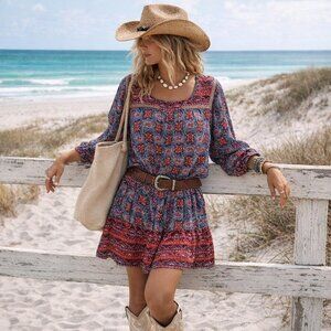 One Clothing Dress Lightly Balloon Long Sleeve Coastal Cowgirl Festival Boho M